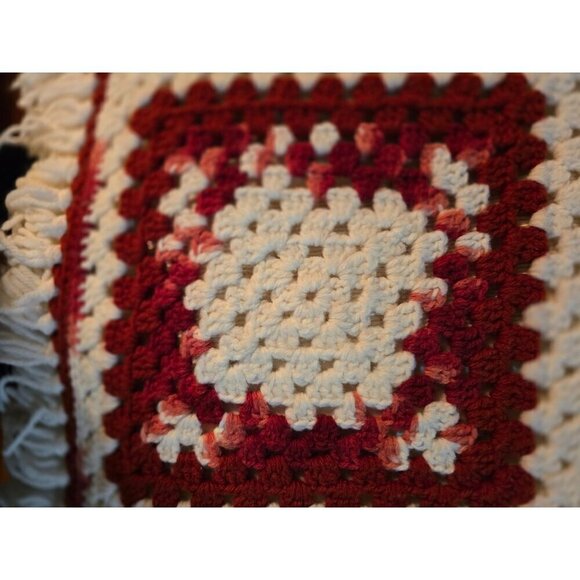 Vintage 70s Handmade Crochet Granny Square Knit Throw Blanket Red Pink - Picture 9 of 9